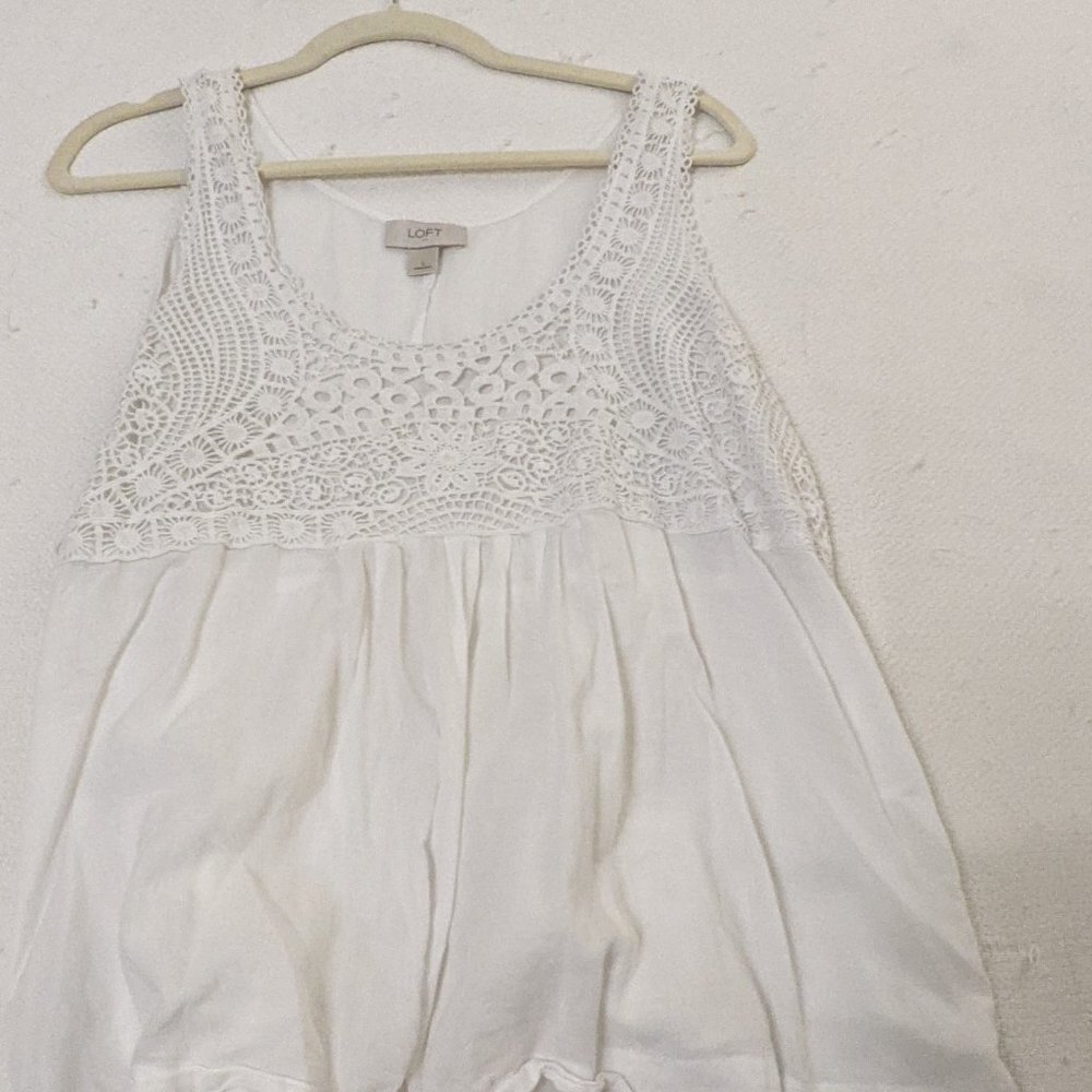 Loft white babydoll sleeveless top with crocheted detail